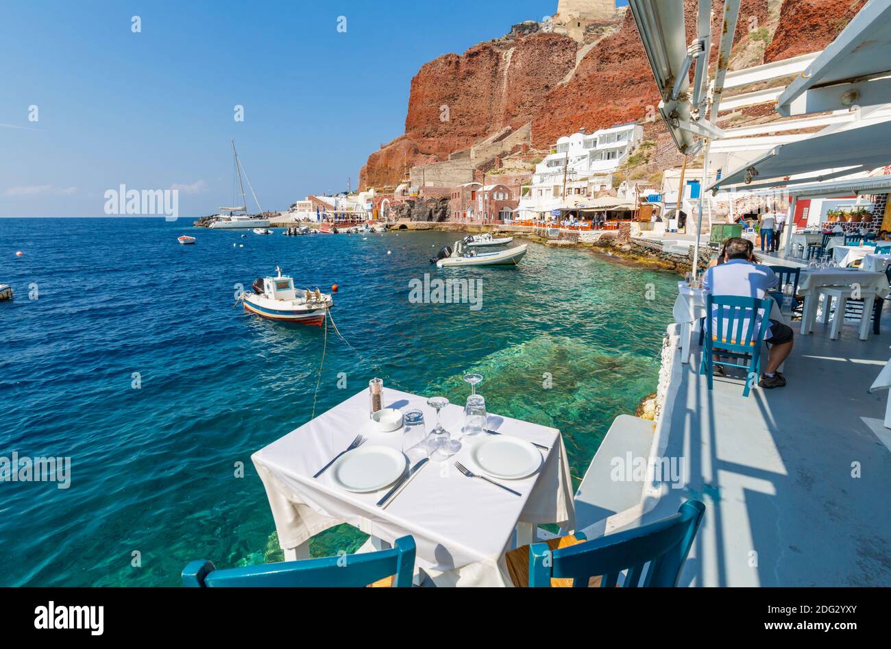 View of Al Fresco restaurant in little harbour, Santorini, Aegean Island, Cyclades Island, Greek Islands, Greece, Europe Stock Photo