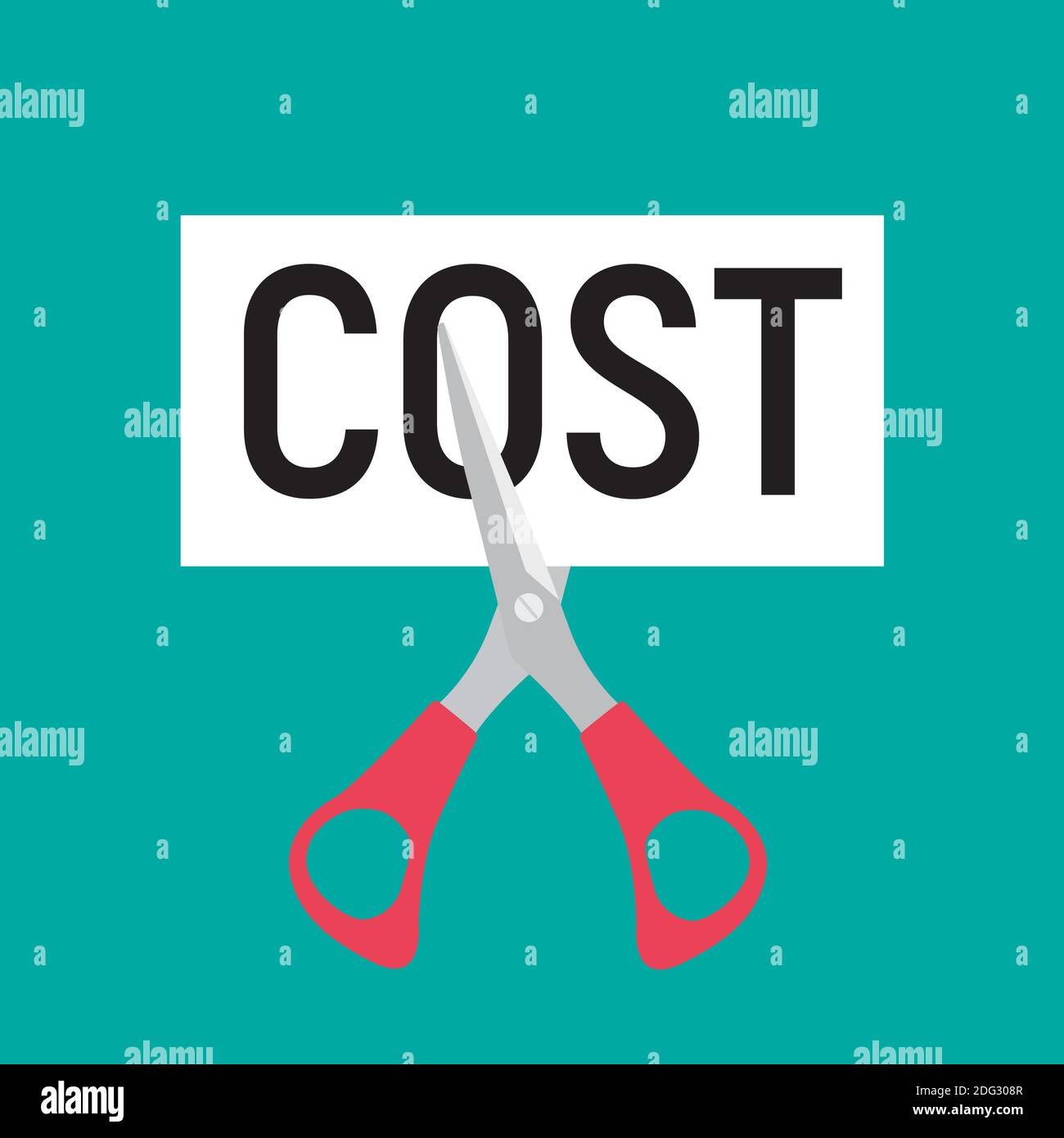 Hand scissors cutting word COST. Sale concept. Illustration Stock Photo