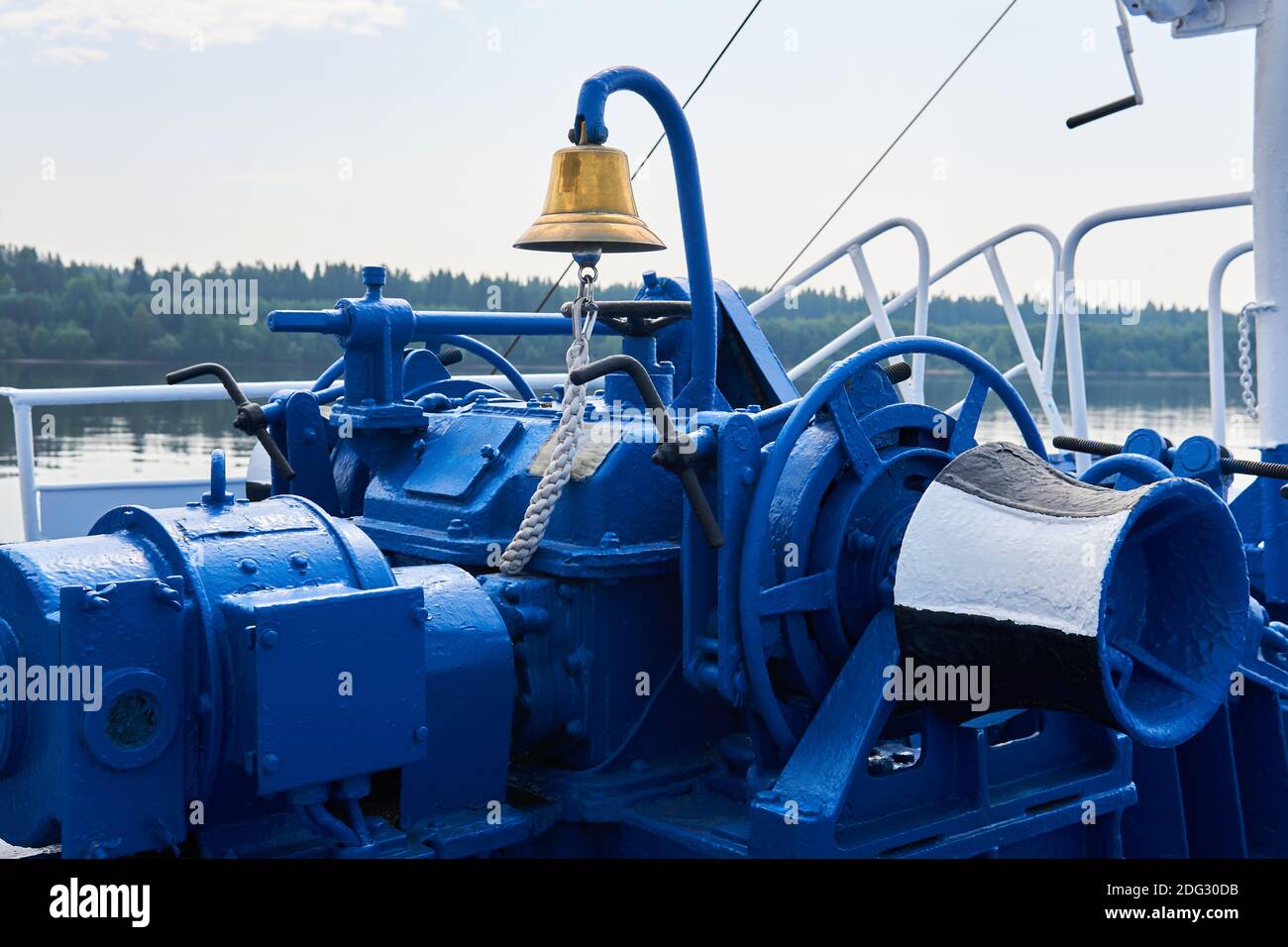 bell, anchor windlass, capstan and other mechanisms, painted blue, on