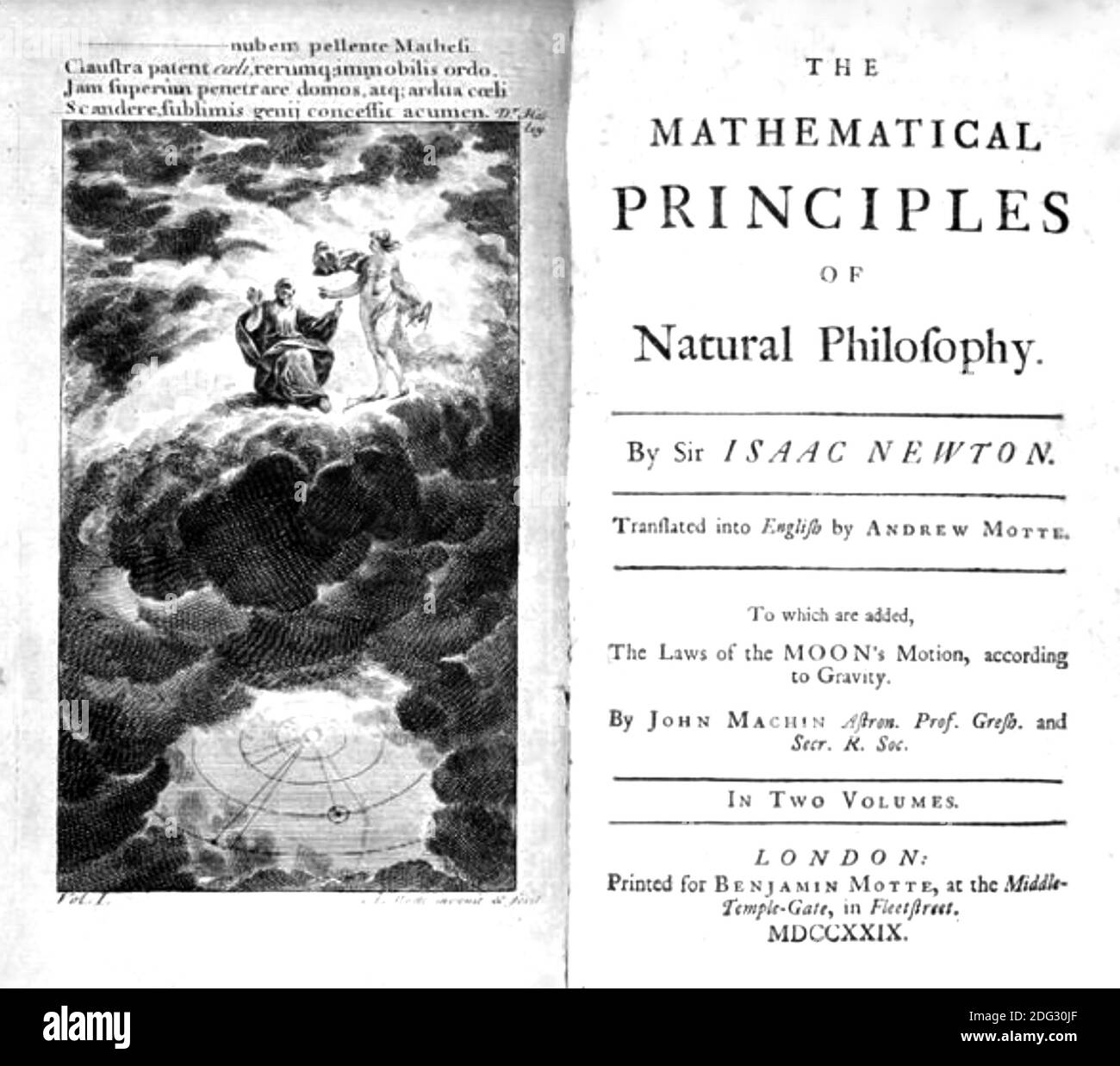 ISAAC NEWTON (1642-1726/7) English mathematician, physicist, theologian, and author. Title pages of Andrew Motte's 1729 English translation of Newton;s Principia. Stock Photo