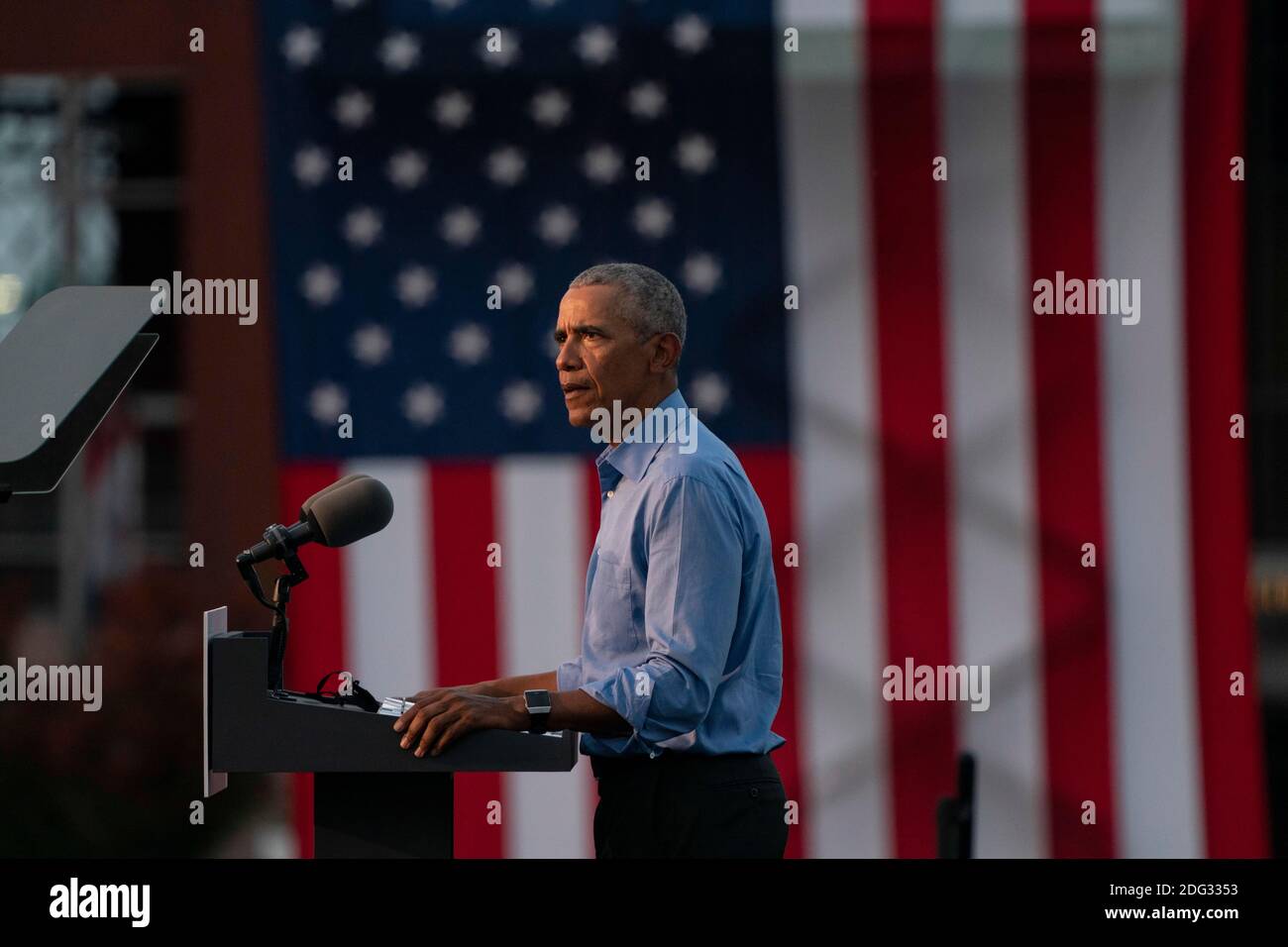Former US President Barack Obama addresses Biden-Harris supporters during a drive-in rally in Philadelphia, Pennsylvania on October 21, 2020. - Former US president Barack Obama hit the campaign trail for Joe Biden today in a bid to drum up support for his former vice president among young Americans and Black voters in the final stretch of the White House race. Credit: Alex Edelman/The Photo Access Stock Photo