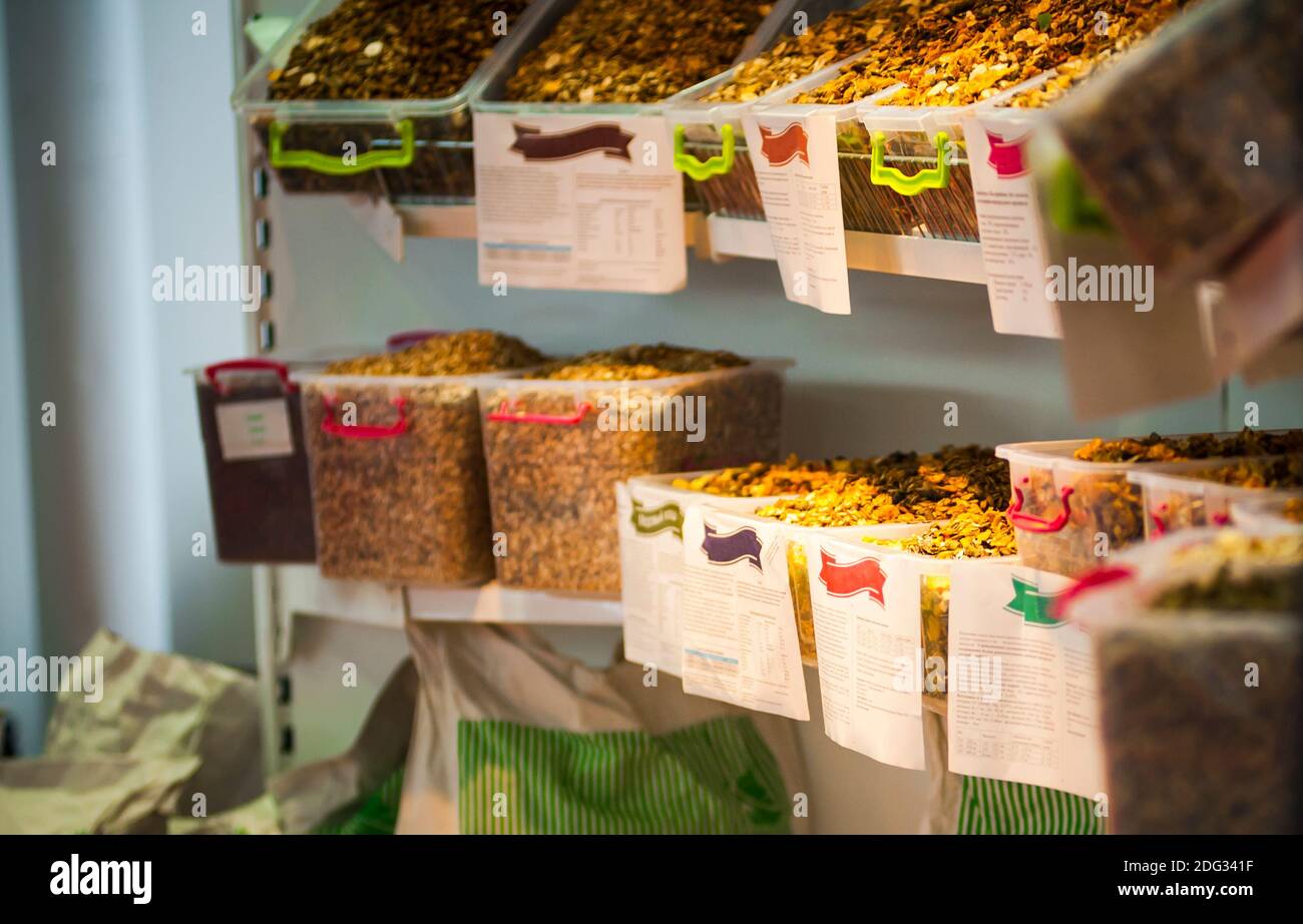 farm animal foods in containers on a market stall Stock Photo Alamy