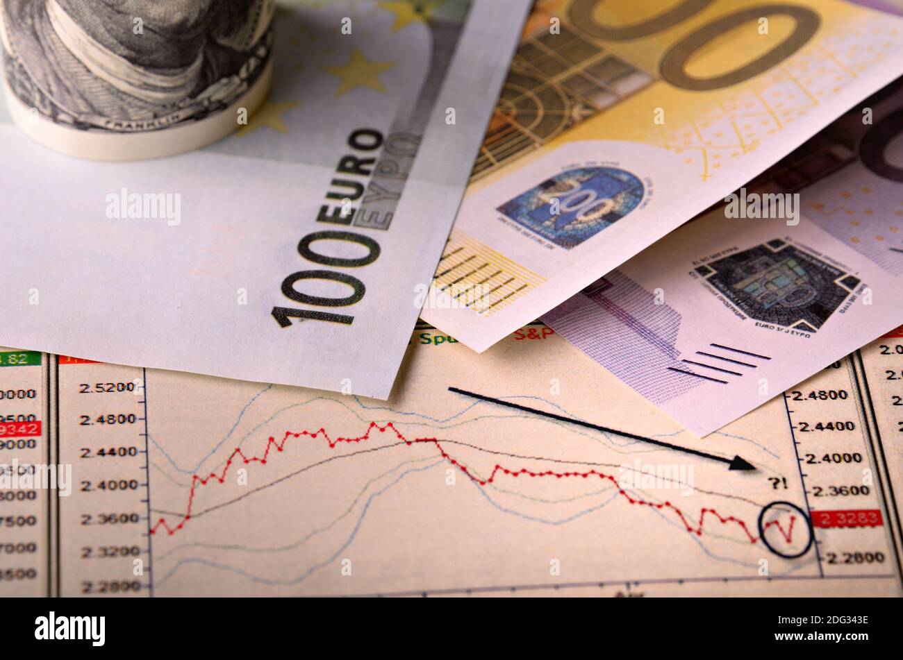 Monetary denominations against the pessimistic financial schedule Stock Photo