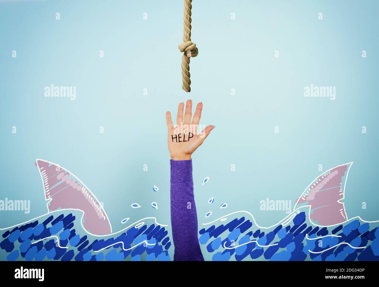 Person surrounded by sharks is drowning and needs help. concept of crisis and problem Stock Photo