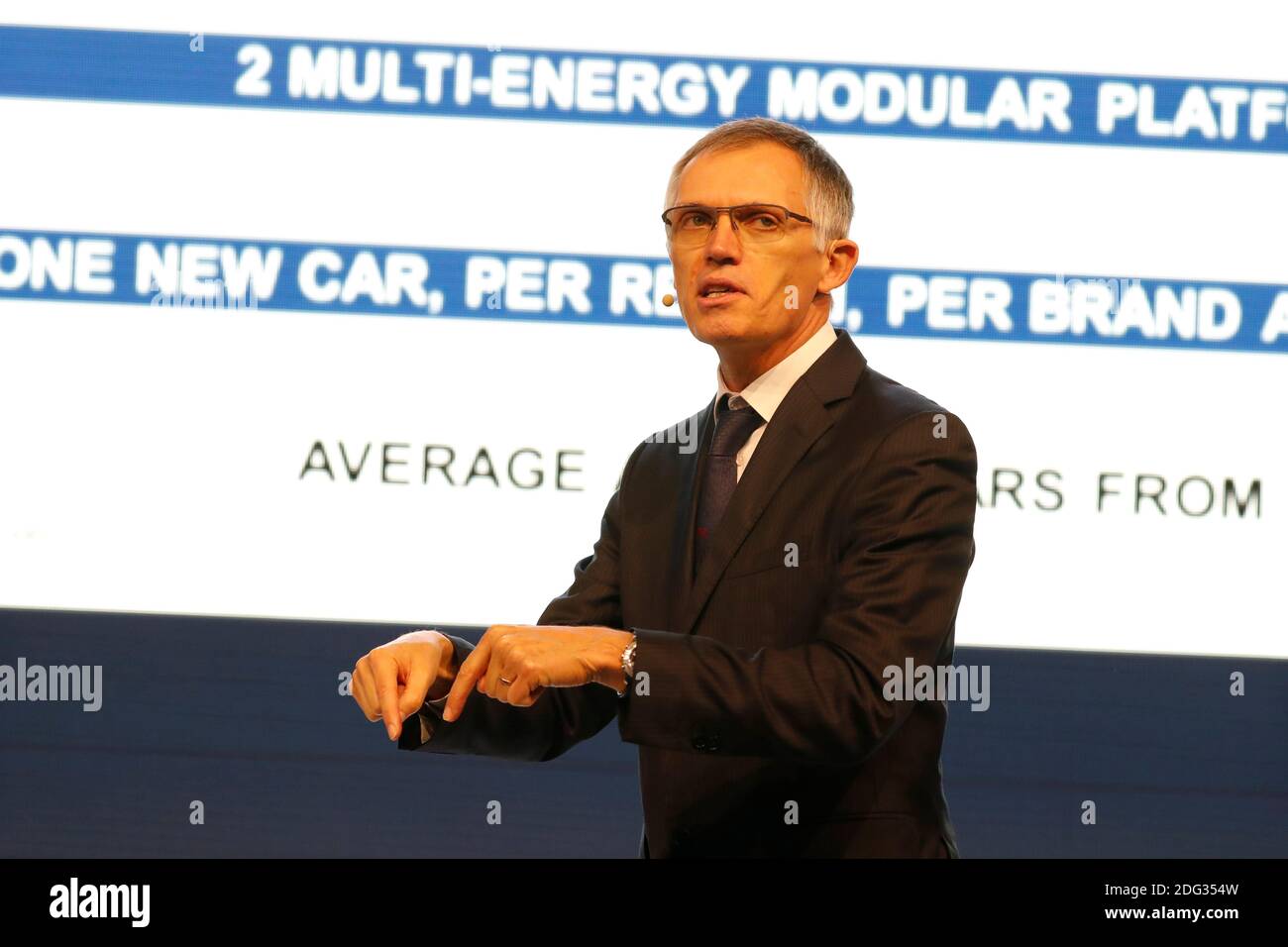 File photo - President of PSA Group Carlos Tavares during a Peugeot press conference in the Paris Motor Show 2016 in Palais des Expositions, Paris, France on September 29th, 2016. The French company that owns Peugeot and Citroen has struck a 2.2bn euro deal to buy General Motors' European unit, including Vauxhall. GM Europe has not made a profit since 1999 and the deal has raised fears about job losses at Vauxhall. With GM's Opel and Vauxhall operations, PSA Group would become the second largest carmaker in Europe, behind Volkswagen. Photo by Henri Szwarc/ABACAPRESS.COM Stock Photo