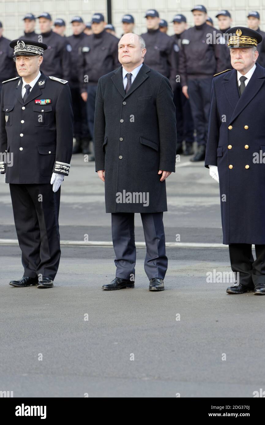 Interior Minister Bruno Le Roux, Police general director Jean-Marc Falcone  during a ceremony to address New Year wishes to the national police forces  in Lille, France on January 5, 2017. Photo by