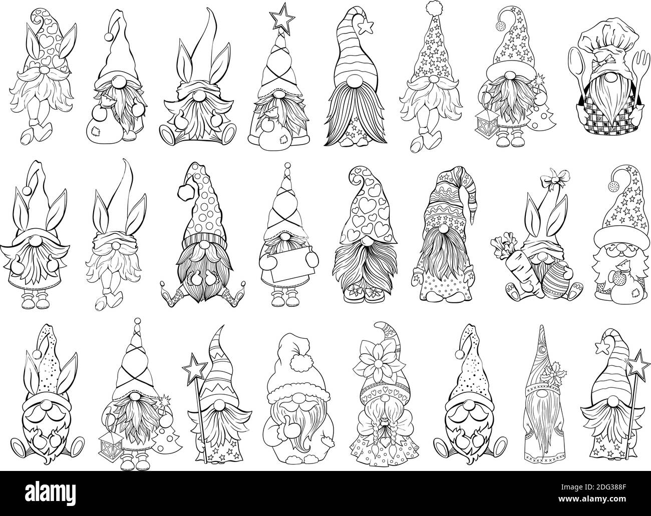 Gnomes Vector Bundle. Collection on Santa hat gnomes, Easter and Valentines Day Gnomies. For adult coloring book and antistress pages. Handdrawn characters set Stock Vector