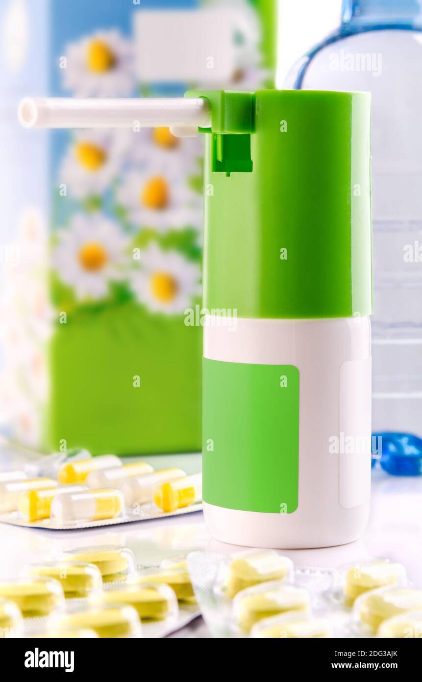 Spray and pill box Stock Photo