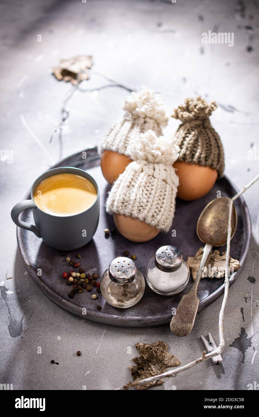Winter breakfast egg with coffee.Healthy food and drink.Christmas time.Sweet morning. Stock Photo