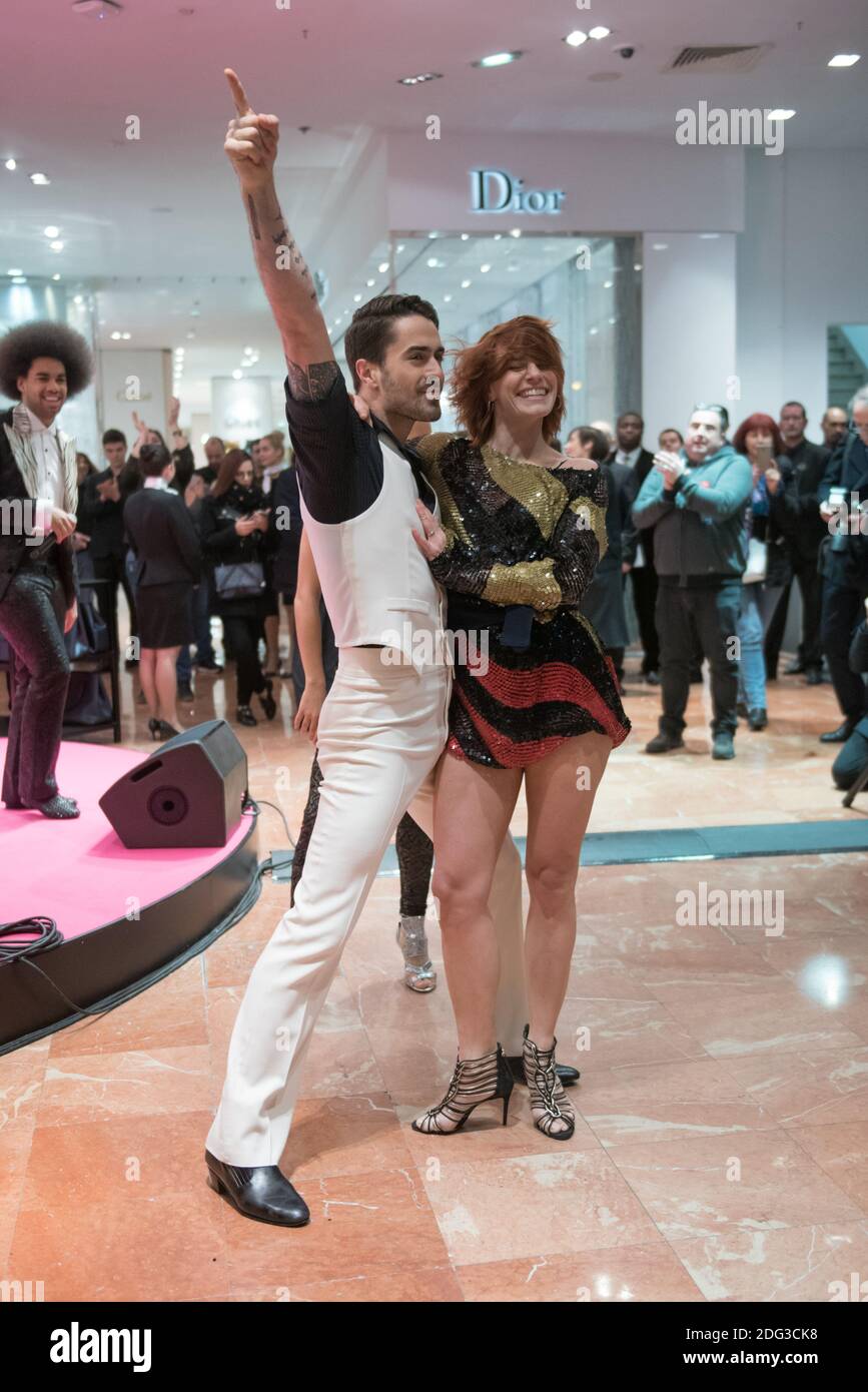 Fauve Hautot et Nicolas Arcambolt accompagnés des danseurs du spectacle  Saturday Night Fever au lancement des soldes des Galeries Lafayette  Haussman a Paris, France, le 11 janvier 2017. Photo by Alban  Wyters/ABACAPRESS.COM