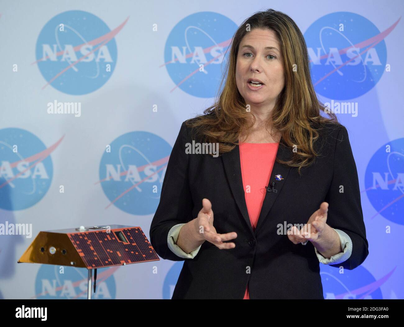 NASA Office of Communications Media Contact Karen Fox speaks during a pre-launch briefing on the GRACE-FO mission at NASA Headquarters April 30, 2018 in Washington, DC. Stock Photo