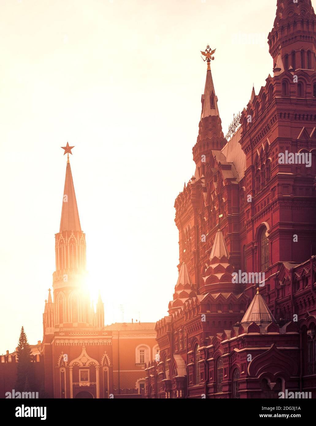 Moscow, Red square. Historical museum and Nikolskaya Tower of Kremlin in sunset Stock Photo