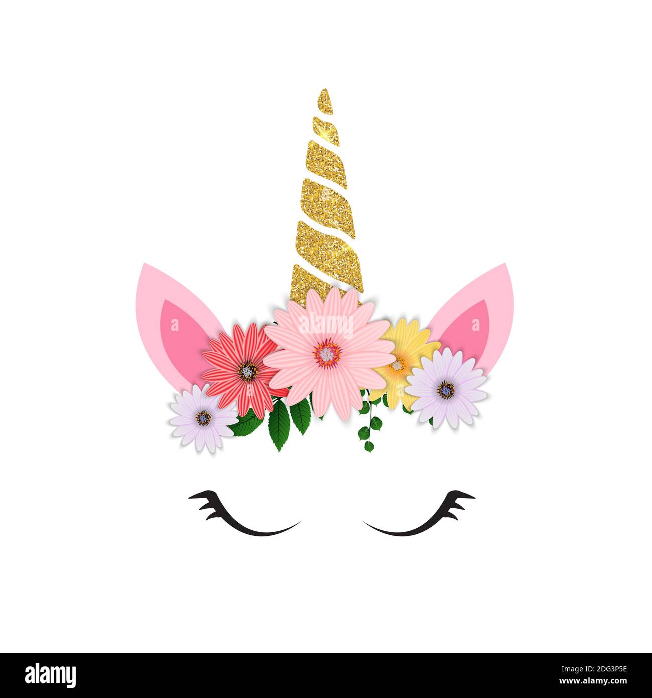 Cute unicorn head and eyes with flower. Illustration Stock Photo - Alamy