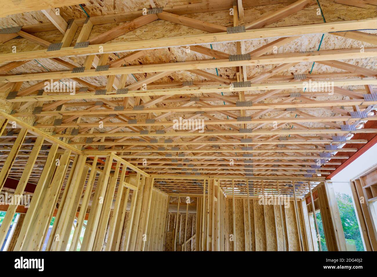 Wooden under construction new residential home beam framing Stock Photo Alamy