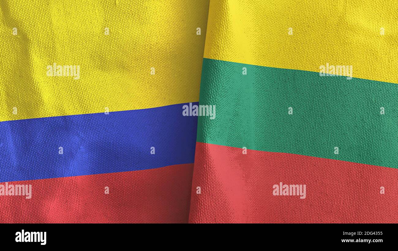 Two crossed flags Colombia and Lithuania waving in wind at cloudy sky ... Two crossed flags Colombia and Lithuania waving in wind at cloudy sky ...