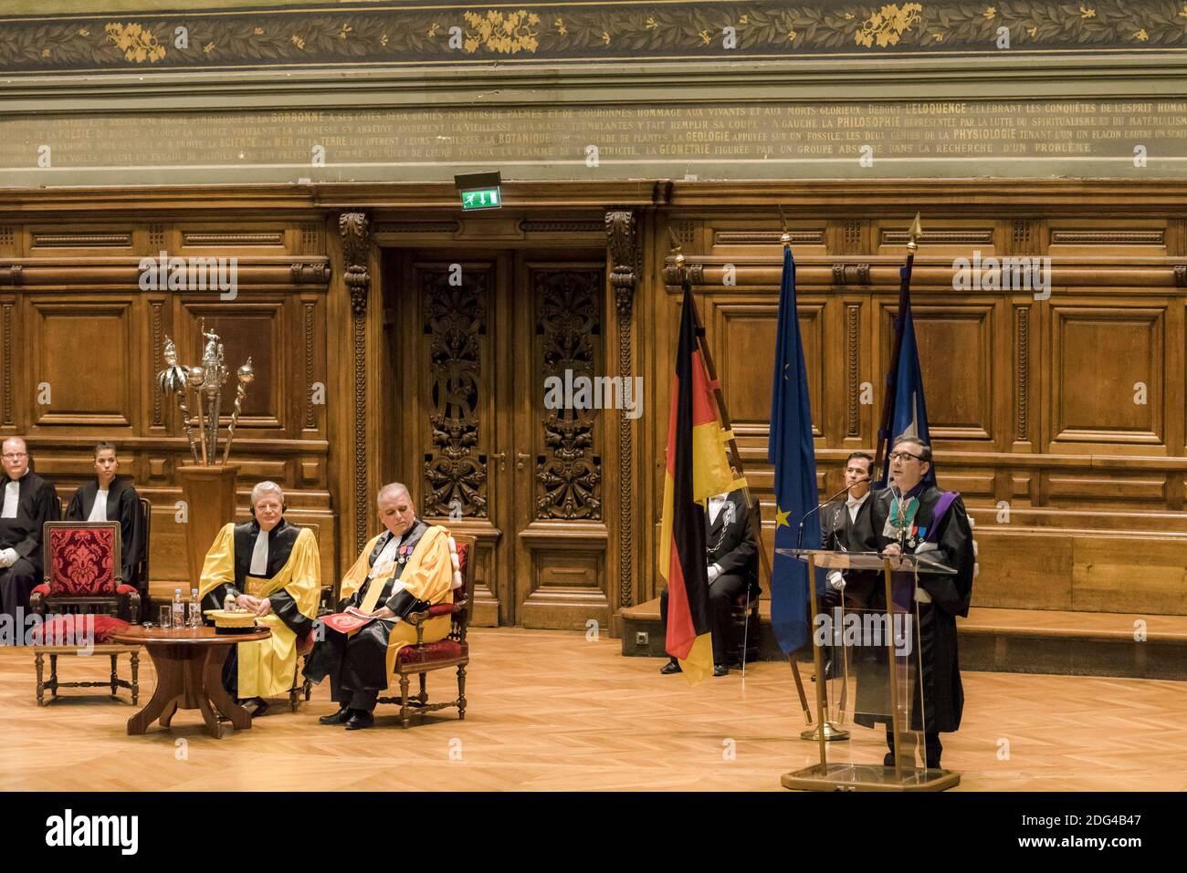 Gilles Pecout, rector of the Ile-de-France academic region, during a ceremony to award the insignia of Doctor Honoris Causa to the President of the Federal Republic of Germany, Joachim Gauck, at the Grand Amphitheater of the Sorbonne within the framework of The invitation of honor of France to the Frankfurt Book Fair 2017, Paris, France, January 26, 2017. Photo by Samuel Boivin / ABACAPRESS.COM Stock Photo