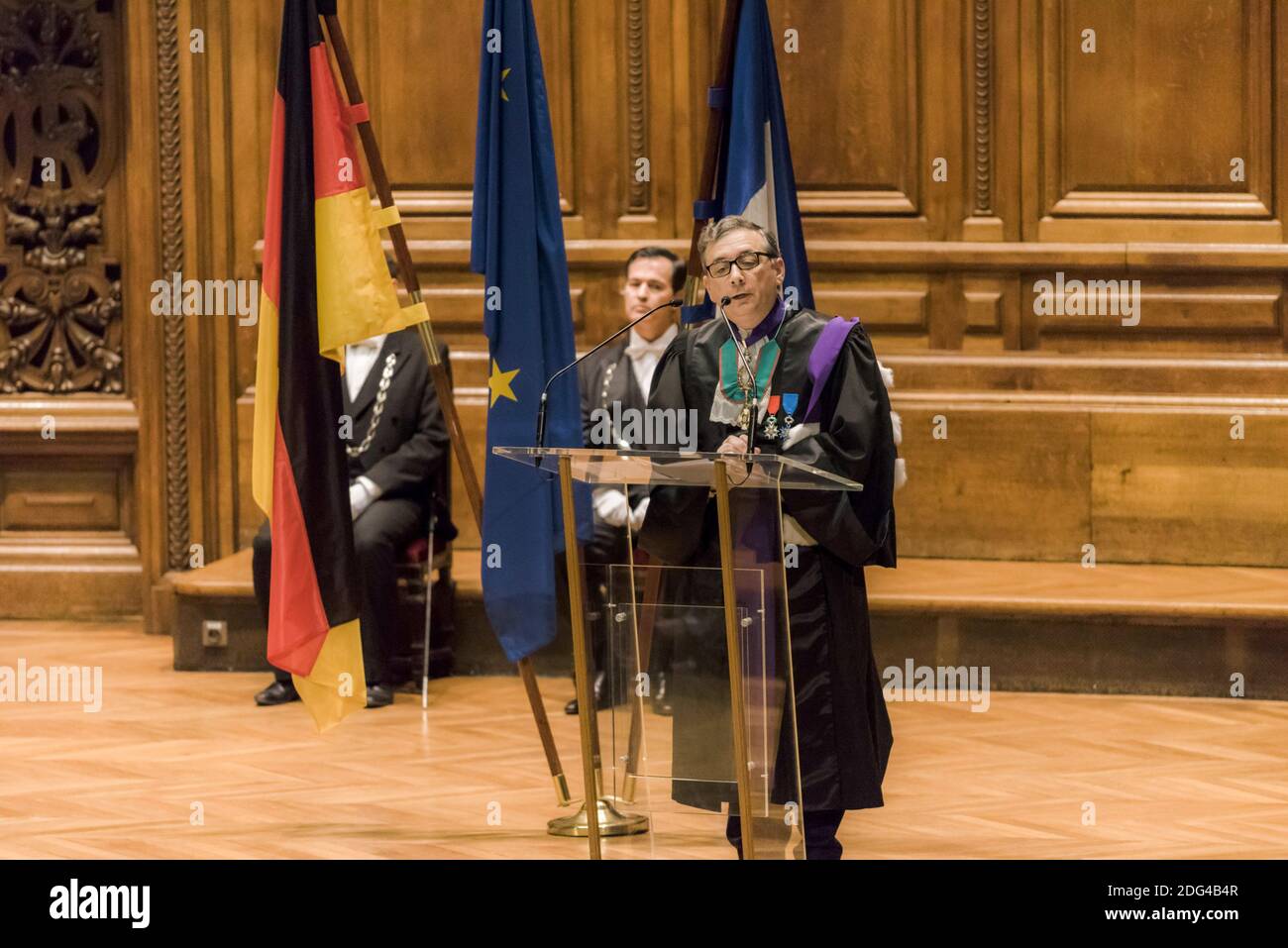 Gilles Pecout, rector of the Ile-de-France academic region, during a ceremony to award the insignia of Doctor Honoris Causa to the President of the Federal Republic of Germany, Joachim Gauck, at the Grand Amphitheater of the Sorbonne within the framework of The invitation of honor of France to the Frankfurt Book Fair 2017, Paris, France, January 26, 2017. Photo by Samuel Boivin / ABACAPRESS.COM Stock Photo