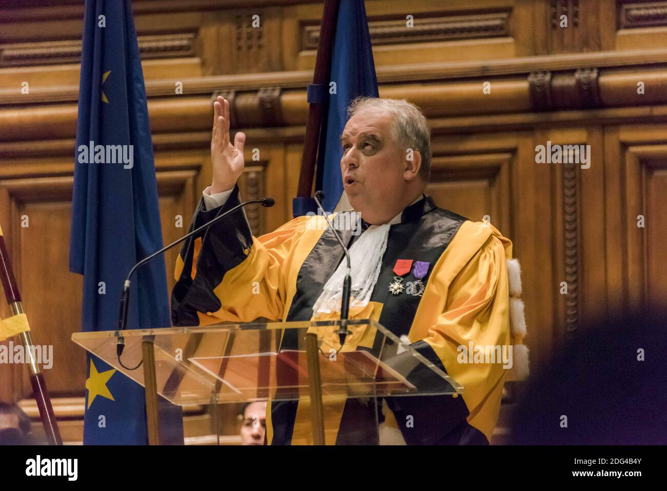 Professor Barthelemy Jobert, President of the University of Paris-Sorbonne, at a ceremony to award the insignia of Doctor Honoris Causa to the President of the Federal Republic of Germany, Joachim Gauck, at the Grand Amphitheater de la Sorbonne Of the invitation of honor of France to the Frankfurt Book Fair 2017, Paris, France, January 26, 2017. Photo by Samuel Boivin / ABACAPRESS.COM Stock Photo