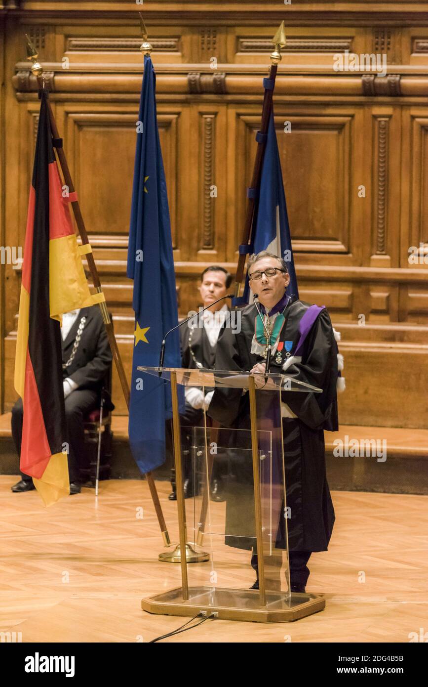 Gilles Pecout, rector of the Ile-de-France academic region, during a ceremony to award the insignia of Doctor Honoris Causa to the President of the Federal Republic of Germany, Joachim Gauck, at the Grand Amphitheater of the Sorbonne within the framework of The invitation of honor of France to the Frankfurt Book Fair 2017, Paris, France, January 26, 2017. Photo by Samuel Boivin / ABACAPRESS.COM Stock Photo