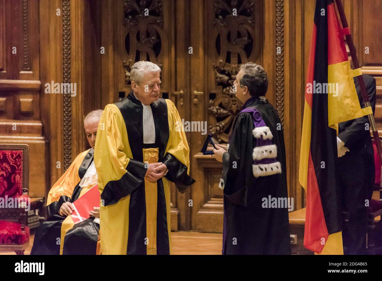 Gilles Pecout, Rector of the Ile-de-France Academic Region, and the President of the Federal Republic of Germany, Joachim Gauck, at a ceremony to award the insignia of Doctor Honoris Causa to the German President at the Grand Amphitheater de la Sorbonne As part of the invitation of honor of France to the Frankfurt Book Fair 2017, Paris, France, January 26, 2017. Photo by Samuel Boivin / ABACAPRESS.COM Stock Photo