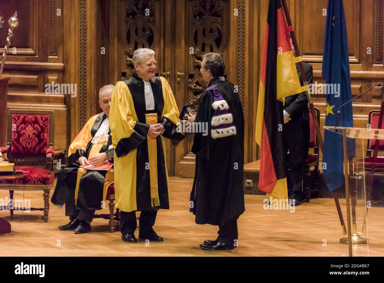 Gilles Pecout, Rector of the Ile-de-France Academic Region, and the President of the Federal Republic of Germany, Joachim Gauck, at a ceremony to award the insignia of Doctor Honoris Causa to the German President at the Grand Amphitheater de la Sorbonne As part of the invitation of honor of France to the Frankfurt Book Fair 2017, Paris, France, January 26, 2017. Photo by Samuel Boivin / ABACAPRESS.COM Stock Photo
