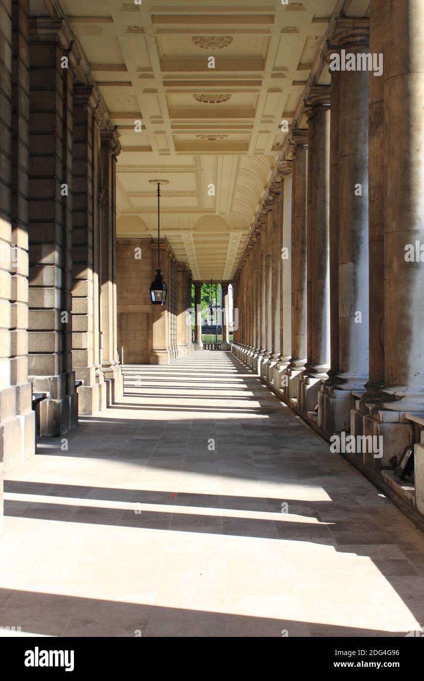 Colonnade of old Royal Naval College in Greenwich. London Stock Photo