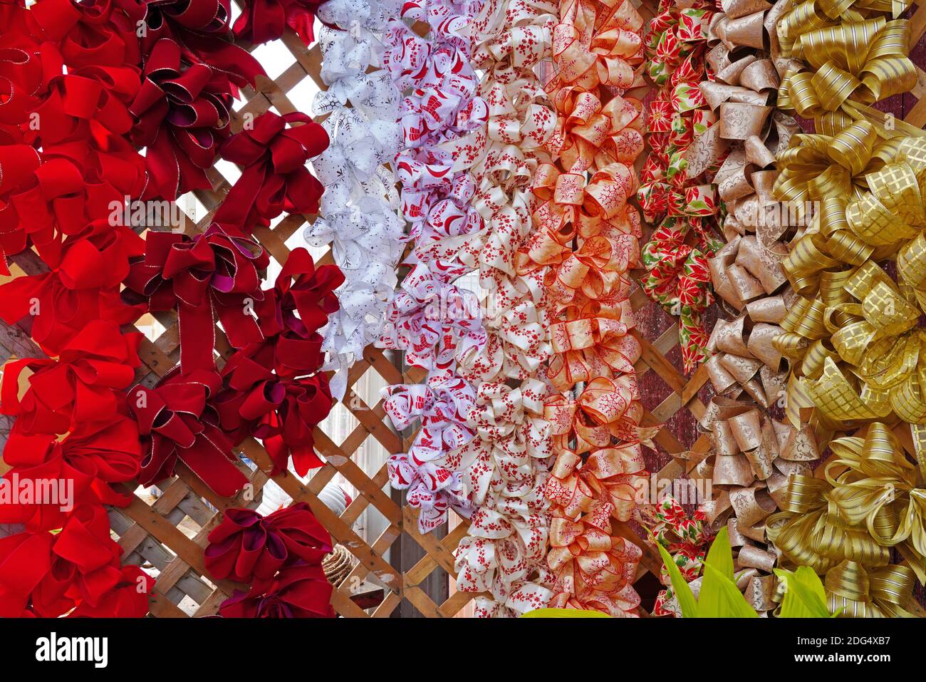 Lattice wall filled with colorful Christmas ribbon bows Stock Photo