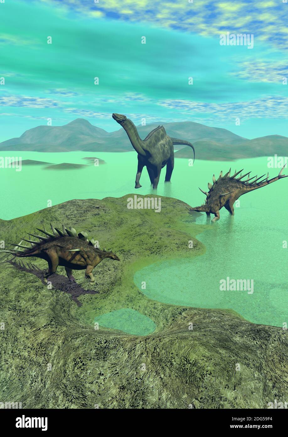 Kentrosaurus and dicraeosaurus dinosaur - 3d rende Stock Photo