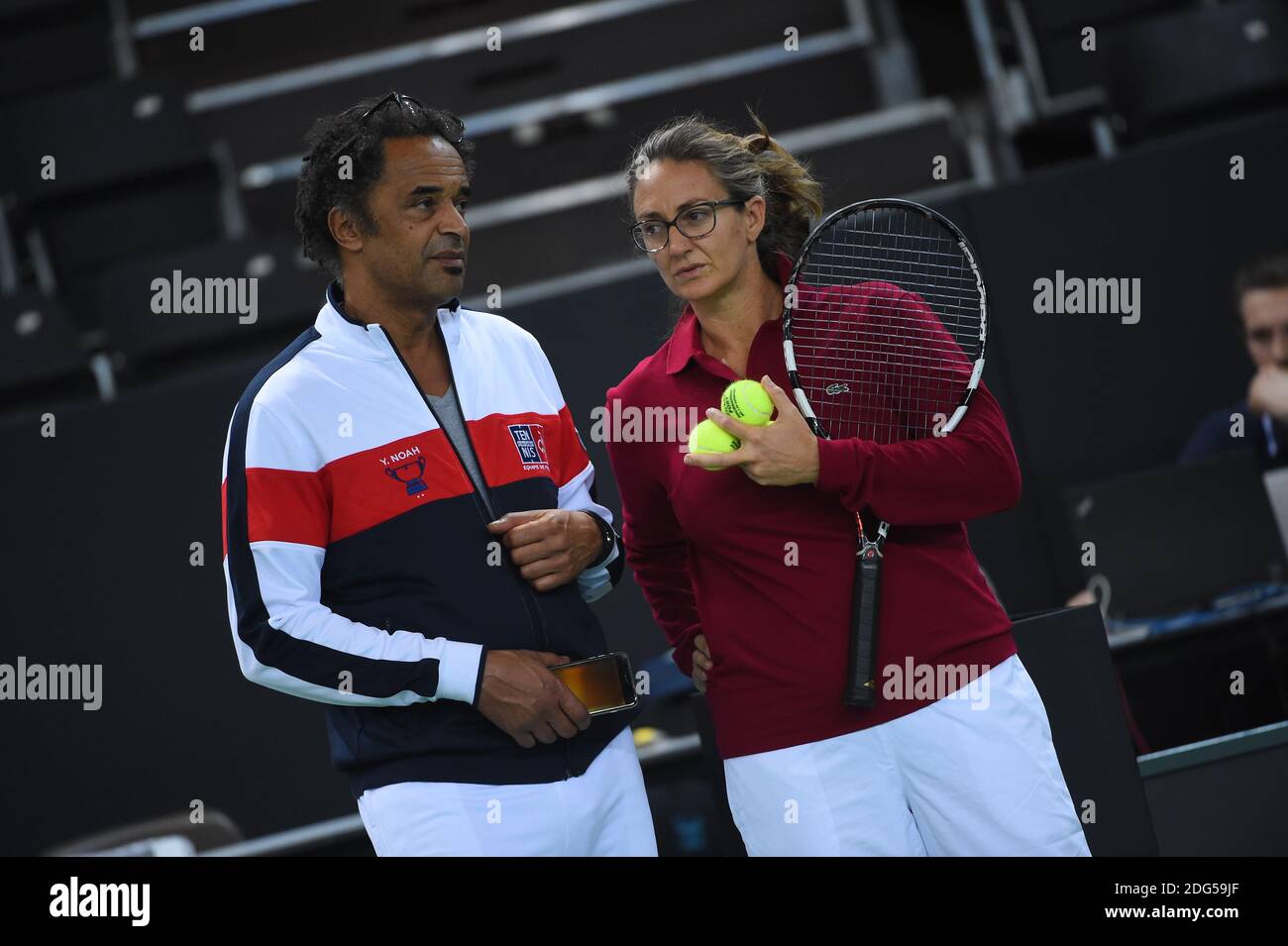 French Fed Cup captain Yannick Noah (FRA) with Mary Pierce (FRA) during  practice at the Fed Cup first round tie at Palexpo, Geneva, Suisse on  february the 10, 2017. Photo by Corinne