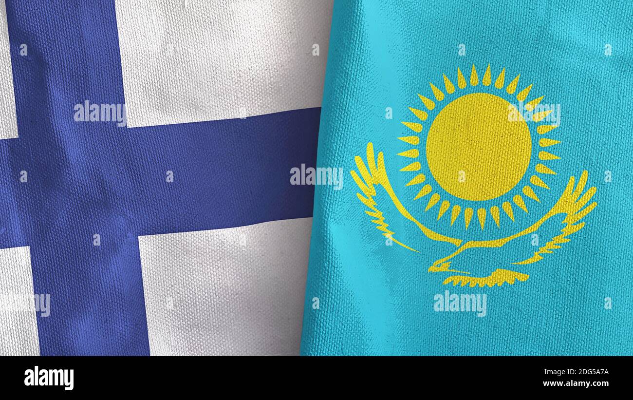 Kazakhstan and Finland two flags textile cloth 3D rendering Stock Photo