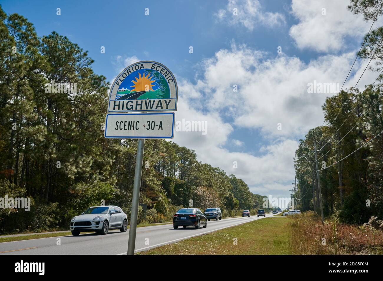 Scenic Highway 30A roadside sign designating a scenic road along the Gulf coast in the Florida panhandle in South Walton County, Stock Photo