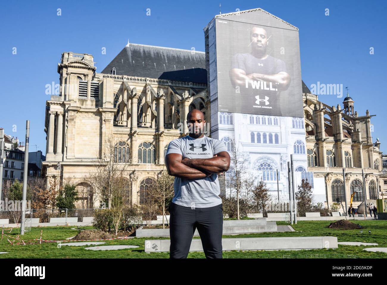 US sportswear brand Under Armour new icon, french judo olympic champion Teddy during a press presentation held in front of Saint Eustache church in the center of Paris, France on