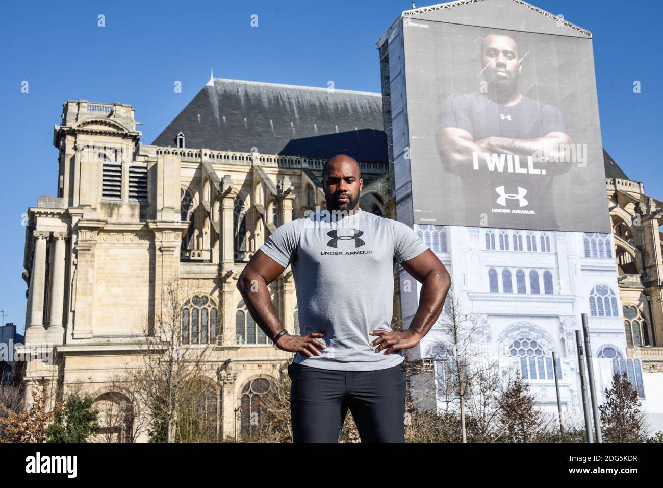 US sportswear brand Under Armour presents new icon, french judo olympic  champion Teddy Riner during a press presentation held in front of Saint  Eustache church in the center of Paris, France on