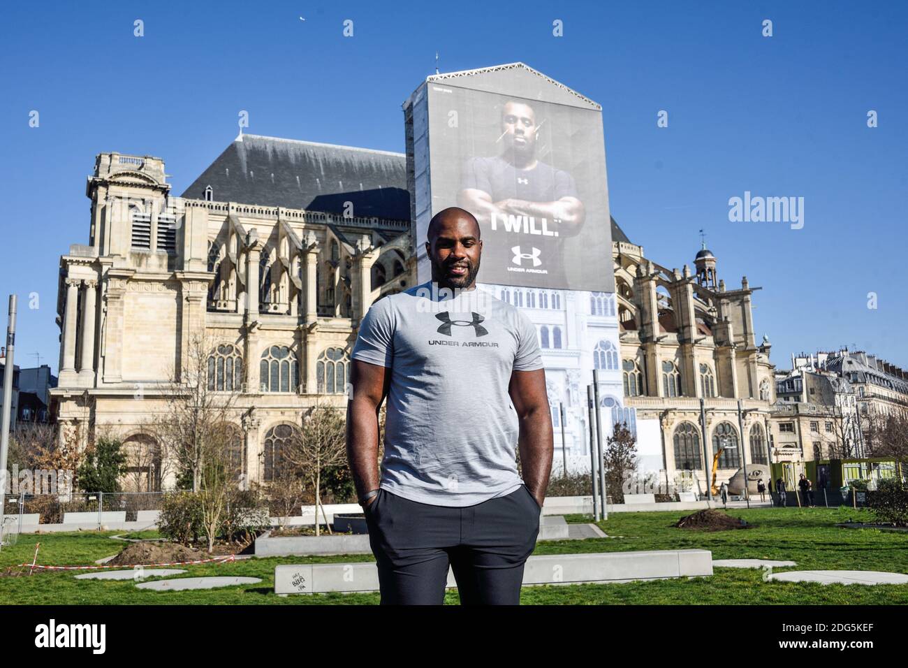 US sportswear brand Under Armour presents new icon, french judo olympic  champion Teddy Riner during a press presentation held in front of Saint  Eustache church in the center of Paris, France on