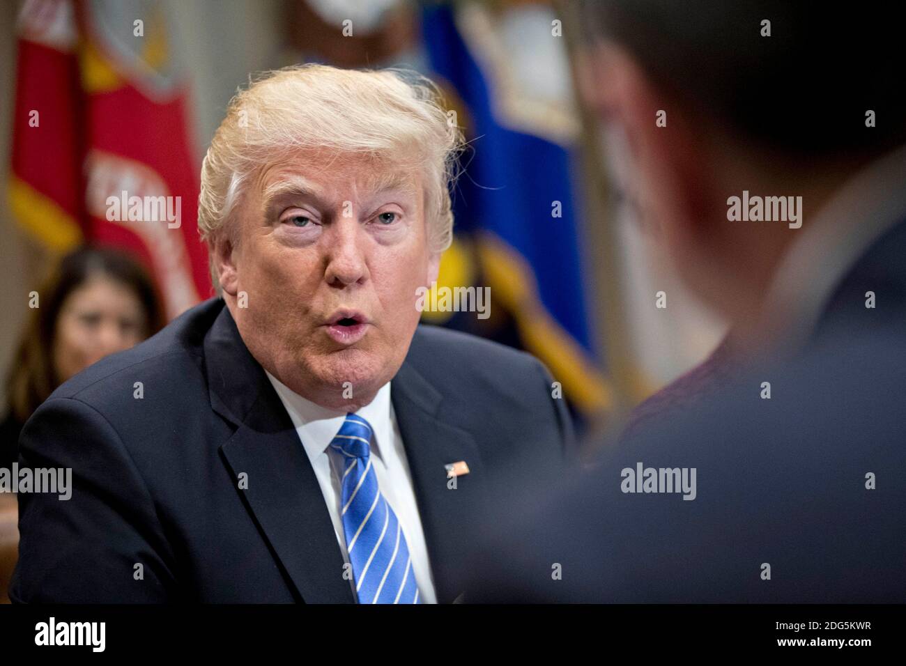 U.S. President Donald Trump speaks as he participates in a listening session with the Retail Industry Leaders Association and member company chief executive officers in the Roosevelt Room of the White House in Washington, D.C., U.S., on Wednesday, Feb. 15, 2017. Questions about ties between Trump’s team and Russian intelligence agents mounted Wednesday after new reports of extensive contacts between the two, which are sure to fuel Republican calls for a deeper look at Trump’s links to the country. Photographer: Andrew Harrer/Bloomberg Stock Photo