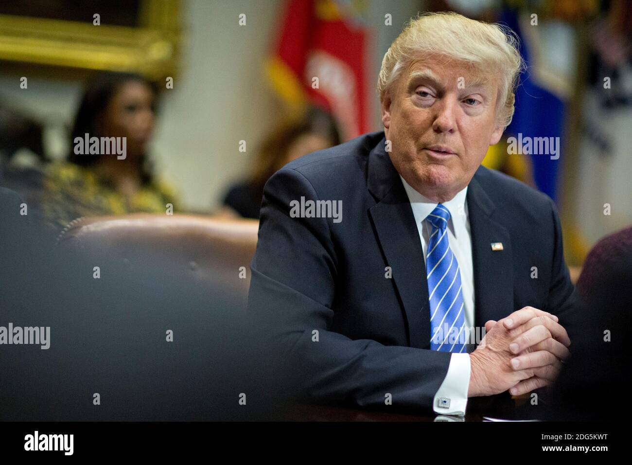 U.S. President Donald Trump speaks as he participates in a listening session with the Retail Industry Leaders Association and member company chief executive officers in the Roosevelt Room of the White House in Washington, D.C., U.S., on Wednesday, Feb. 15, 2017. Questions about ties between Trump’s team and Russian intelligence agents mounted Wednesday after new reports of extensive contacts between the two, which are sure to fuel Republican calls for a deeper look at Trump’s links to the country. Photographer: Andrew Harrer/Bloomberg Stock Photo