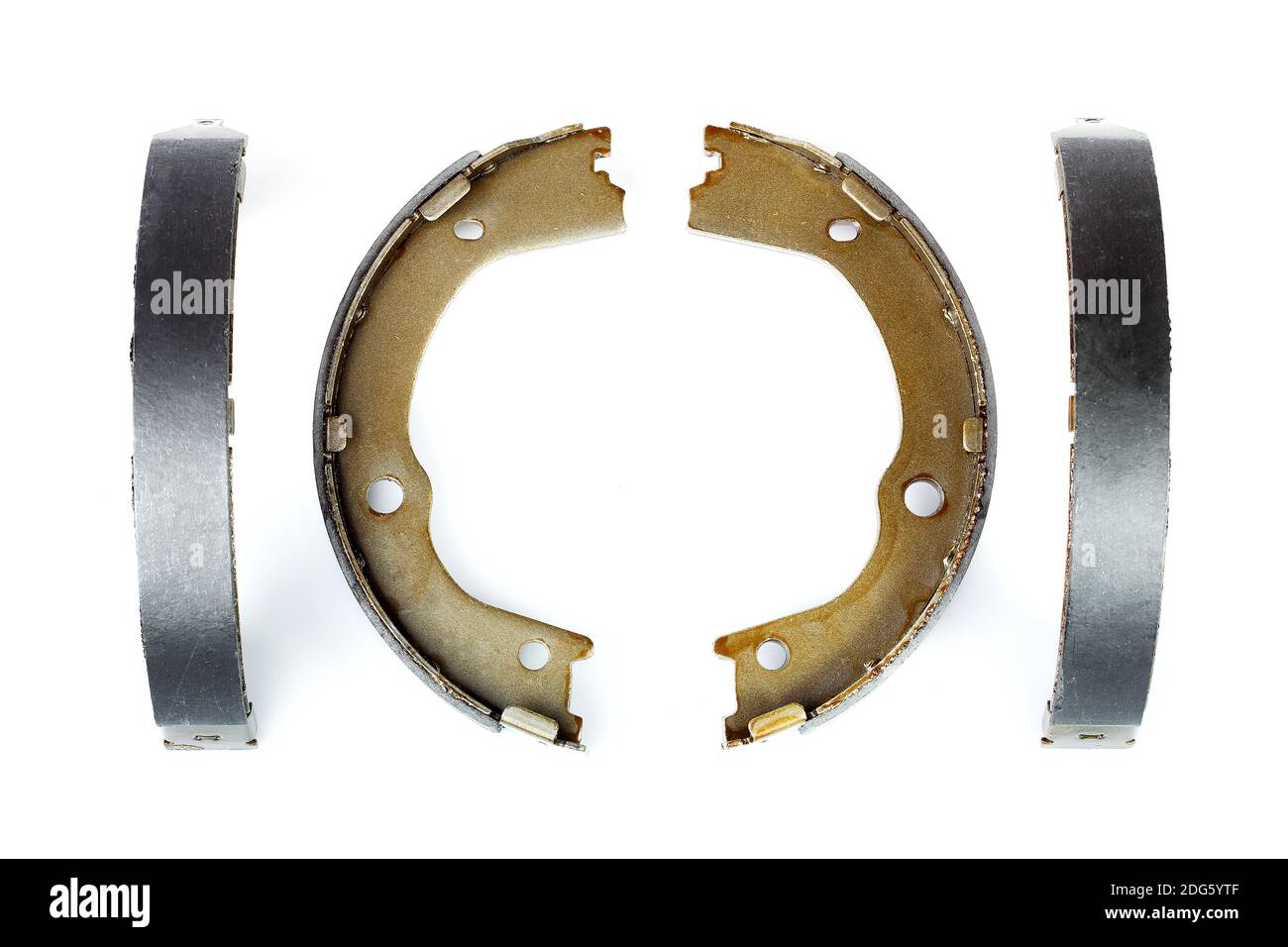 set of drum brake pads with asbestos alloy on steel car spare parts isolated on white background