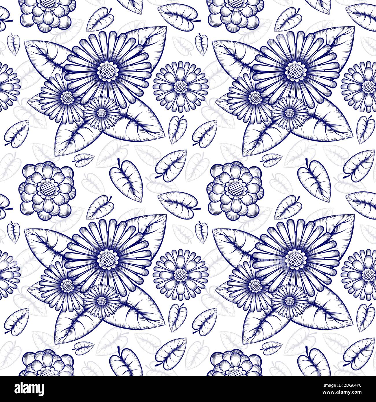 Vector pattern seamless of blue flowers and leaves on a white background. It is a line drawing style. The concept of forest and flora nature. Suitable Stock Vector