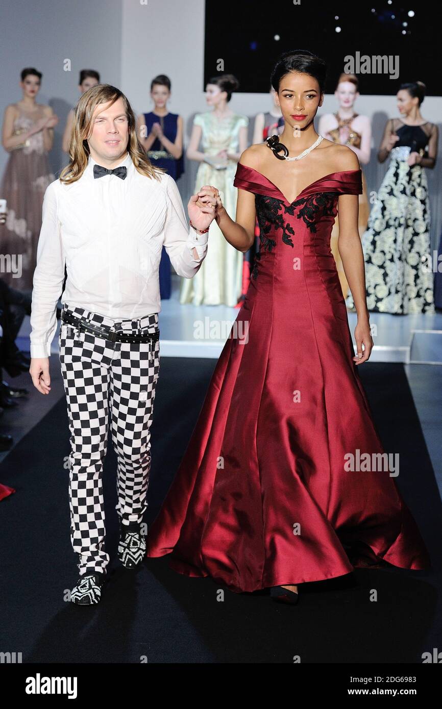 Designer Christophe Guillarme makes an appearance with Flora Coquerel and  models after his show during Paris Fashion Week Ready to wear FallWinter  2017-18 on March 01, 2017 in Paris, France. Photo by