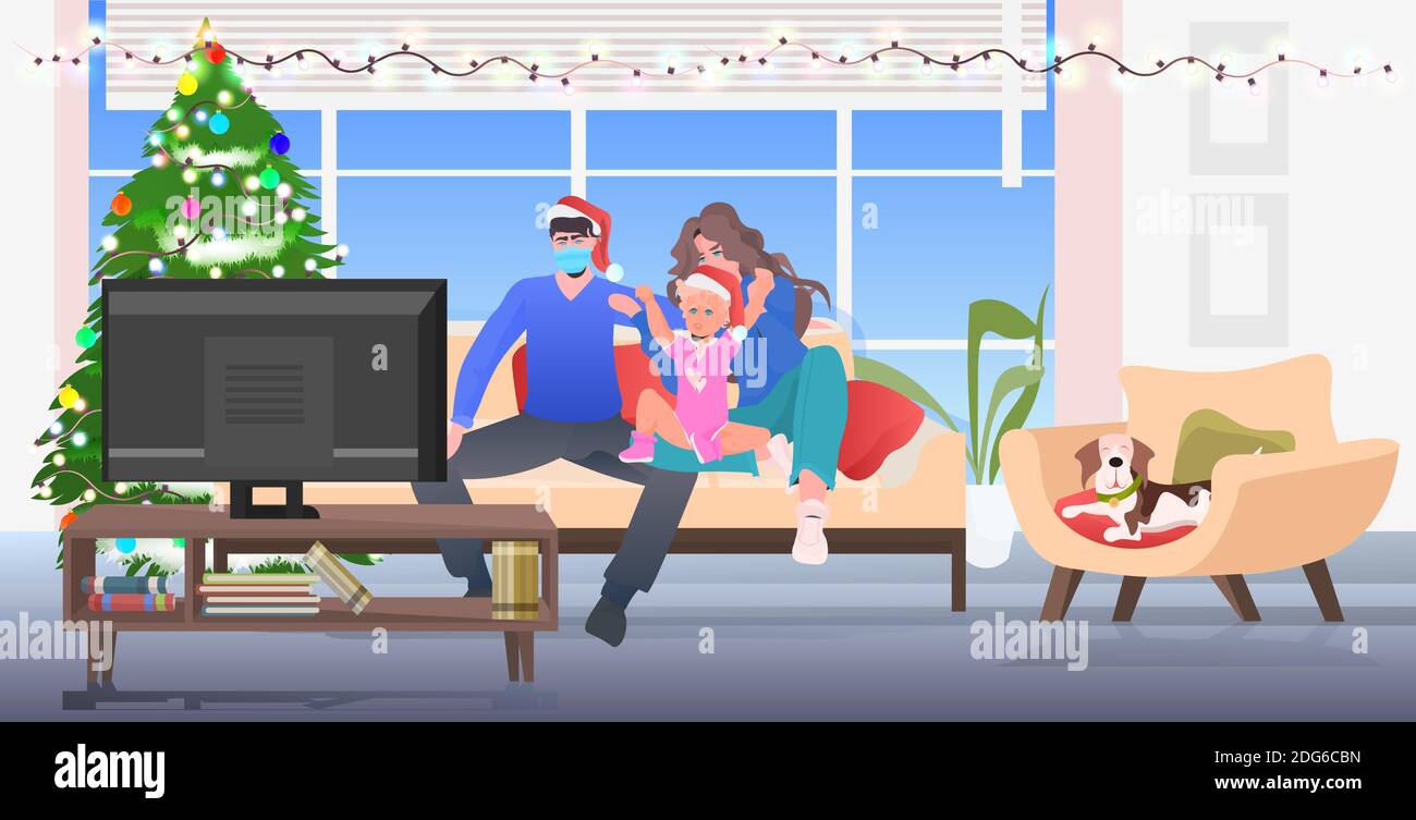 happy family spending time together parents with daughter in santa hats watching tv at home new year christmas holidays celebration concept living room interior horizontal full length vector illustration Stock Vector
