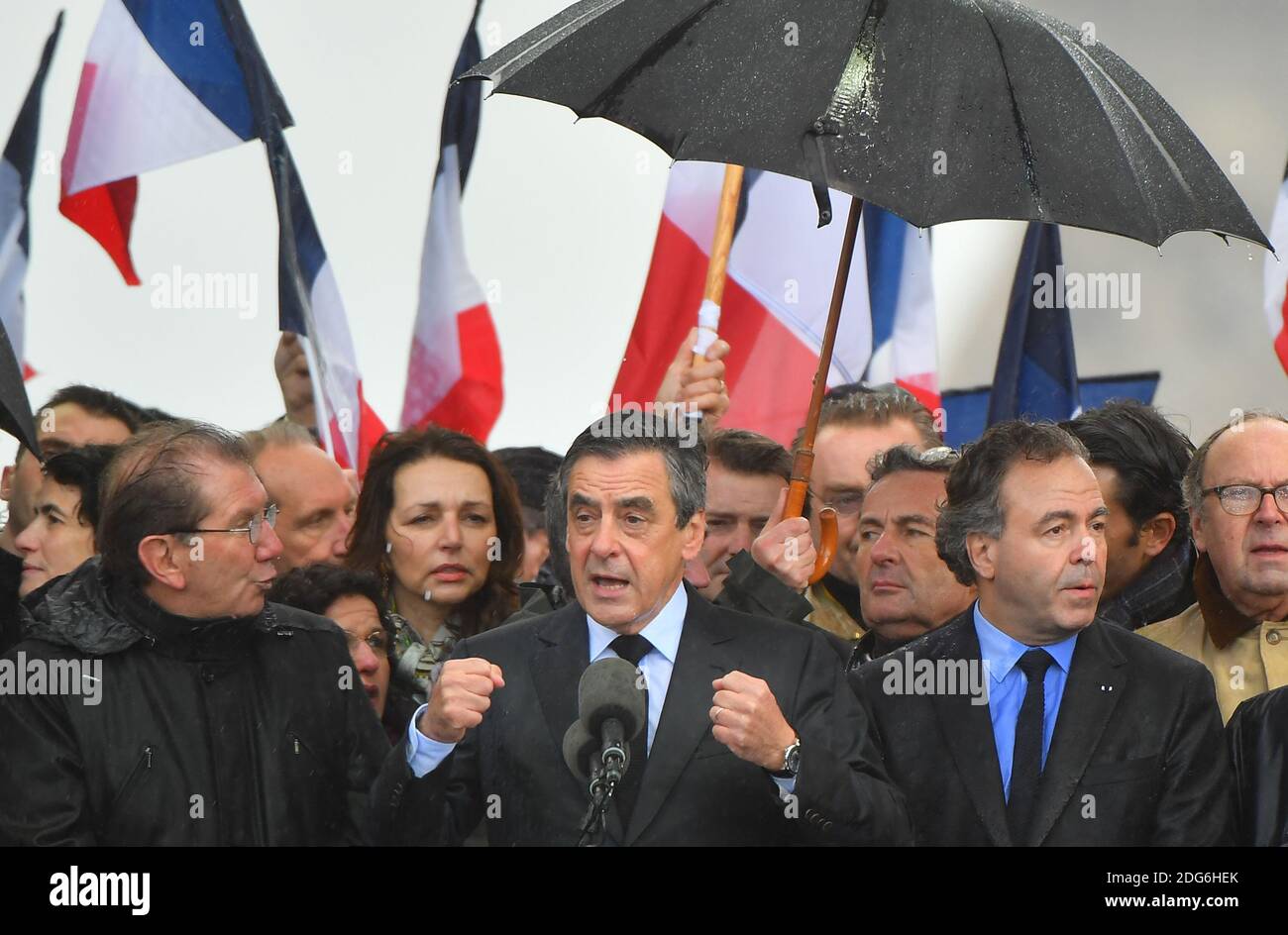 Presidential election candidate for the right-wing Les Republicains (LR) party Francois Fillon speaks during a rally at the Place du Trocadero, in Paris, France, on March 5, 2017. Embattled French conservative Francois Fillon told supporters to never give up the fight as he strivses to stay in the presidential election race amid an expenses scandal. Fillon, who is to be charged over claims he gave his wife and children highly-paid fake parliamentary jobs, told the rain-drenched crowd he had been attacked by everyone in the campaign. Photo by Christian Liewig/ABACAPRESS.COM Stock Photo