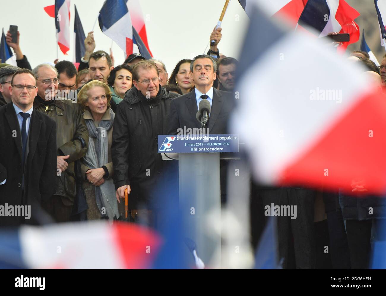 Presidential election candidate for the right-wing Les Republicains (LR) party Francois Fillon speaks during a rally at the Place du Trocadero, in Paris, France, on March 5, 2017. Embattled French conservative Francois Fillon told supporters to never give up the fight as he strivses to stay in the presidential election race amid an expenses scandal. Fillon, who is to be charged over claims he gave his wife and children highly-paid fake parliamentary jobs, told the rain-drenched crowd he had been attacked by everyone in the campaign. Photo by Christian Liewig/ABACAPRESS.COM Stock Photo