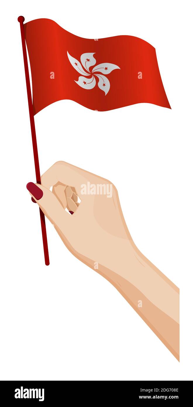 Female hand gently holds small flag of hong kong. Holiday design element. Cartoon vector on white background Stock Vector
