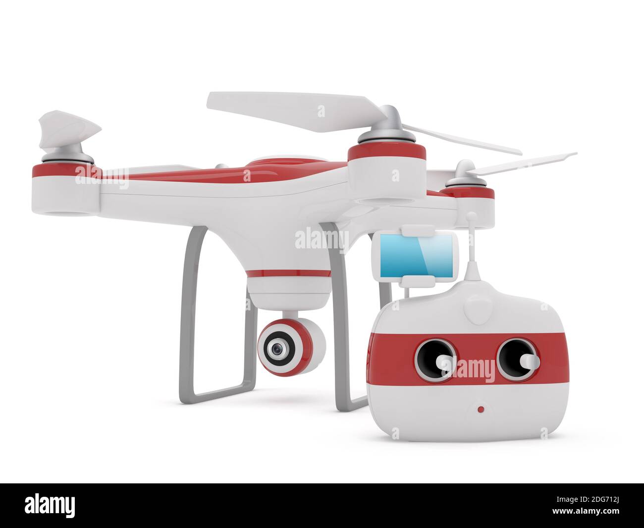 Quadrocopter drone with the camera and Radio remote controller with smartphone preview. Stock Photo