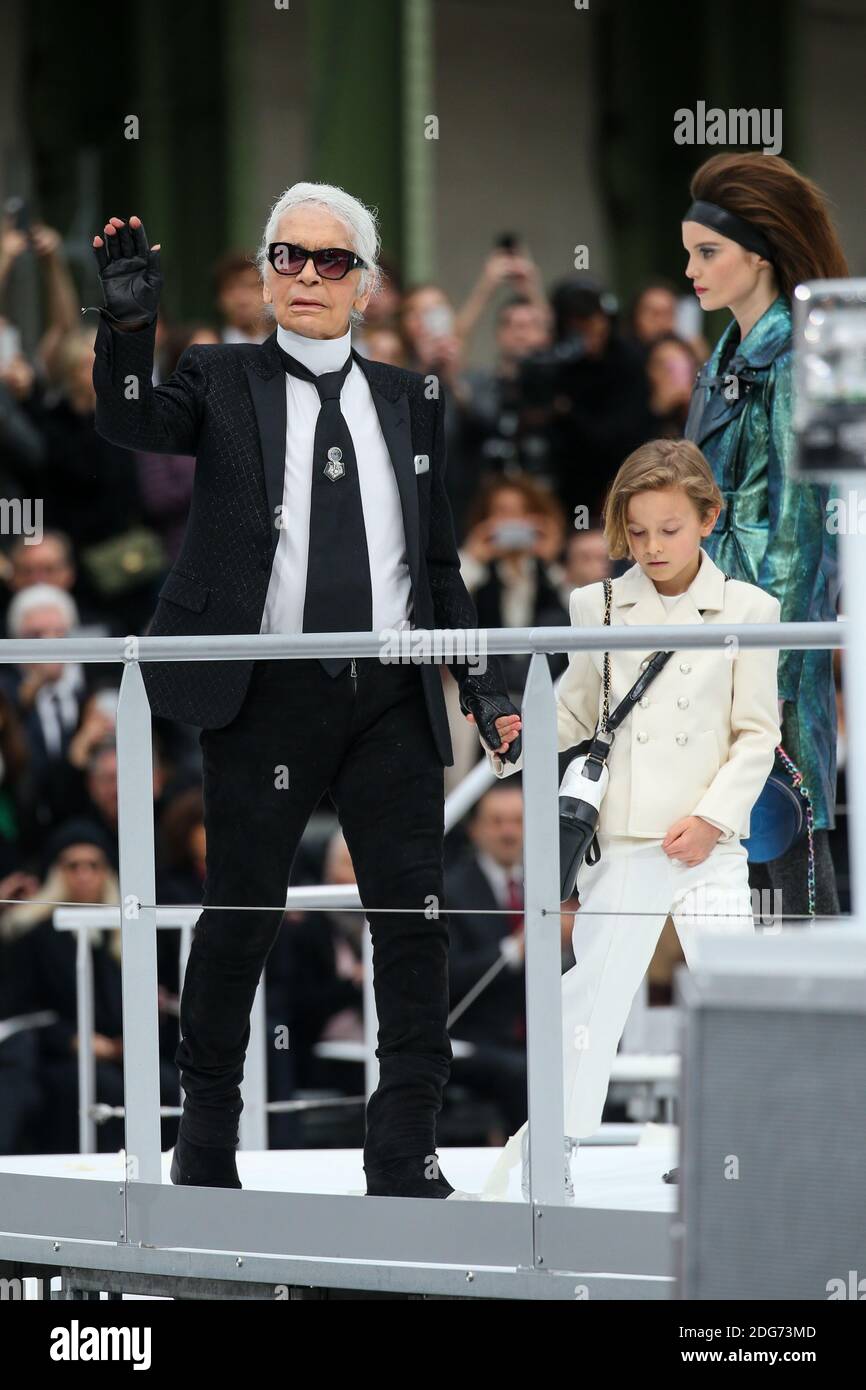 File photo - Karl Lagerfeld and Hudson Kroenig walk on the runway during  the Chanel Fashion Show at FW17 held in Paris, France on March 7, 2017. Karl  Lagerfeld died on Monday