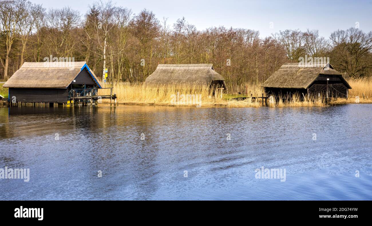 Boat sheds on the lake Stock Photo