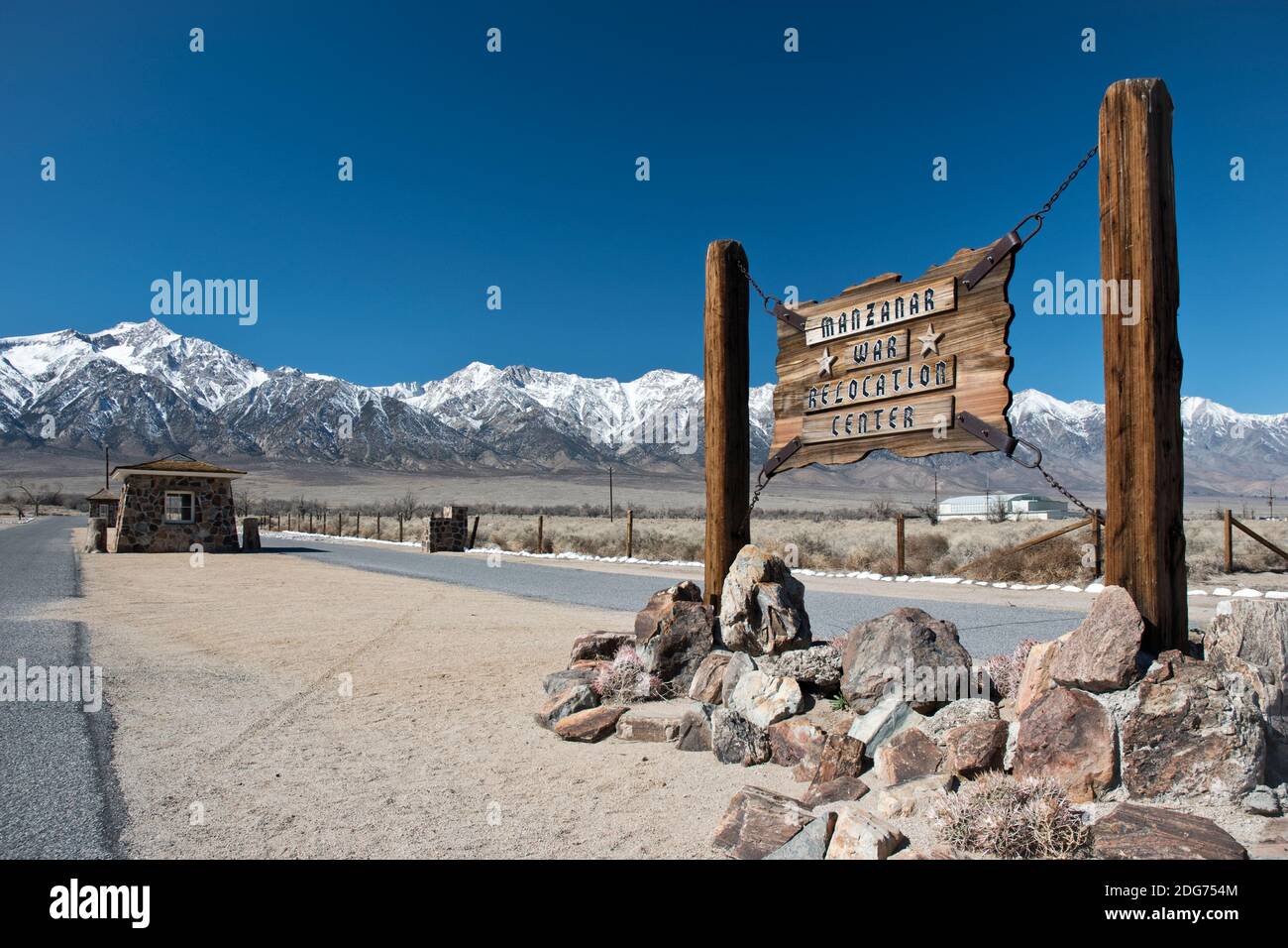 The main gate to the Manzanar National Historic Site is a camp where Japanese Americans were interned during World War Two in Owens Valley, California Stock Photo