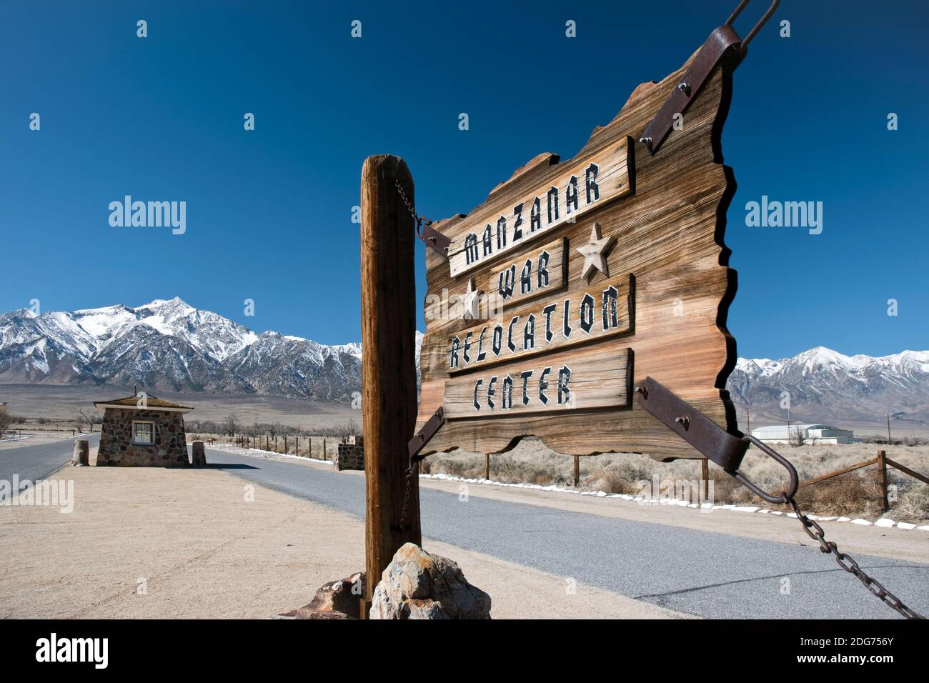 The main gate to the Manzanar National Historic Site is a camp where Japanese Americans were interned during World War Two in Owens Valley, California Stock Photo