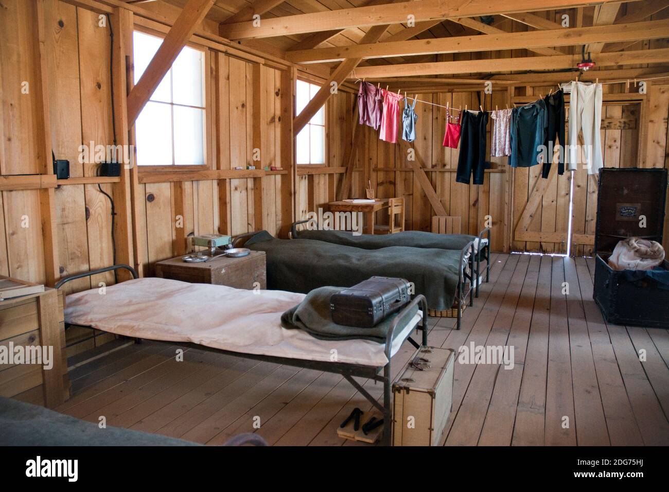Beds in Block 14 barracks at Manzanar Nat. Historic Site, a camp where