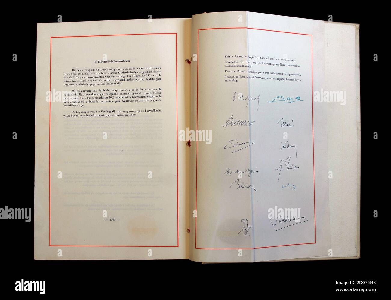 The original Treaty of Rome establishing the European Economic Community is kept in the archives of the Farnesina palace, the italian Ministry of Foreign Affairs in Rome, Italy. 60 years ago, on 25th March 1957 during a solemn ceremony in the 'Orazi e Curiazi hall' of Palazzo dei Conservatori in Campidoglio in Rome, six countries: Germany, France, Italy, Luxembourg, Netherlands and Belgium signed the Treaty of Rome creating the European Economic Community (EEC). The Treaty was signed by the following: Paul-Henri Spaak and J.Ch Snoy et d'Oppuers (Belgium), Konrad Adenauer and Walter Hallstein ( Stock Photo